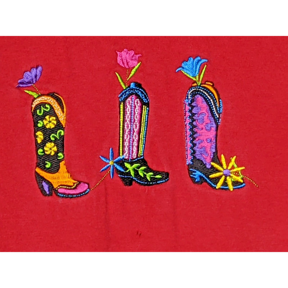 Western Red T-Shirt Women's 2XL Embroidered Cowgirl Boots Bright READ - Picture 4 of 6